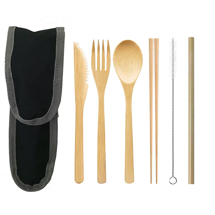 EcoGo™ Bamboo Travel Cutlery Set – 6-Piece with Reusable Straw