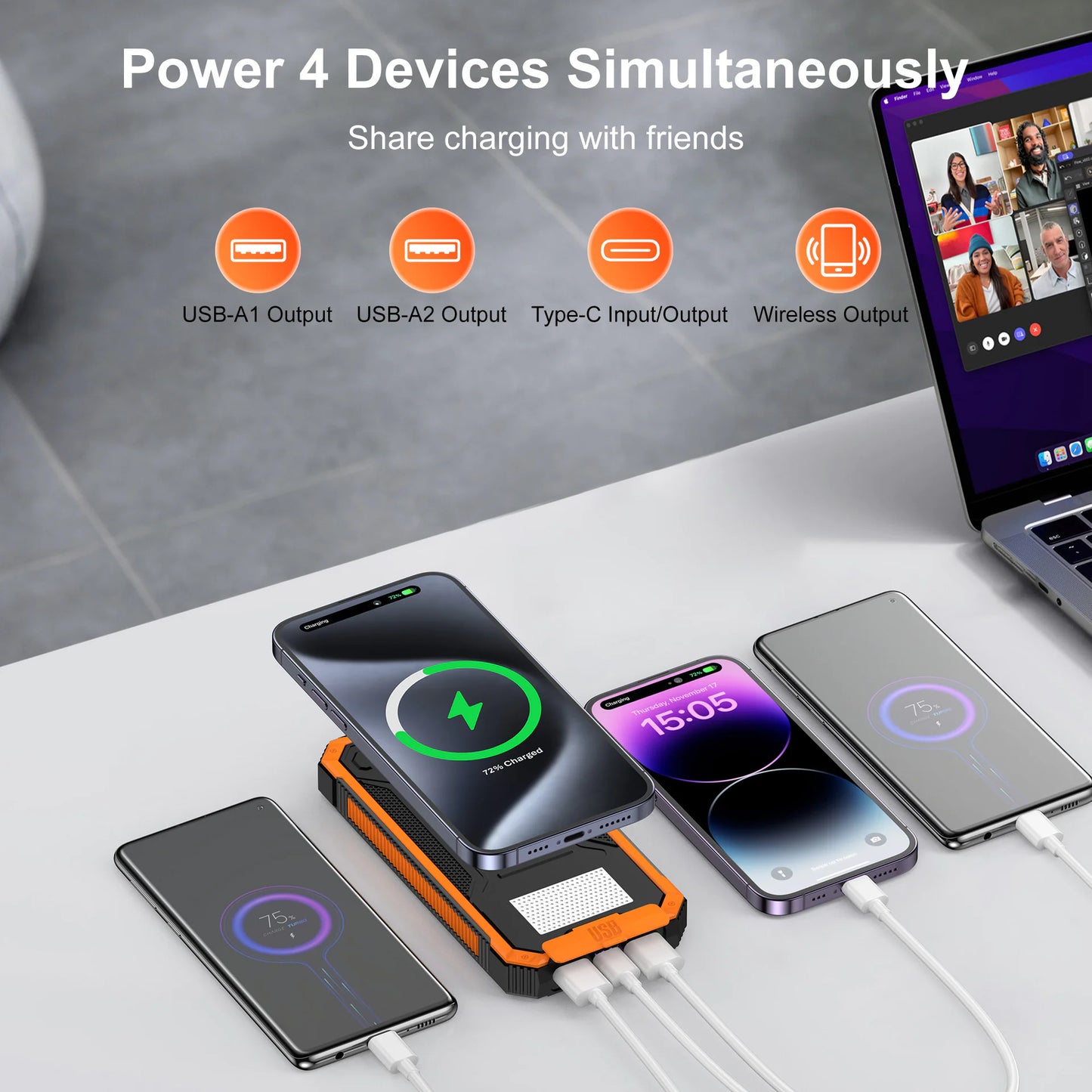 EcoTrek Solar Power Bank – Rugged Outdoor Wireless Charger (20,000mAh)