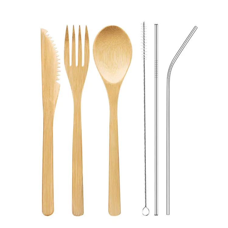 EcoGo™ Bamboo Travel Cutlery Set – 6-Piece with Reusable Straw